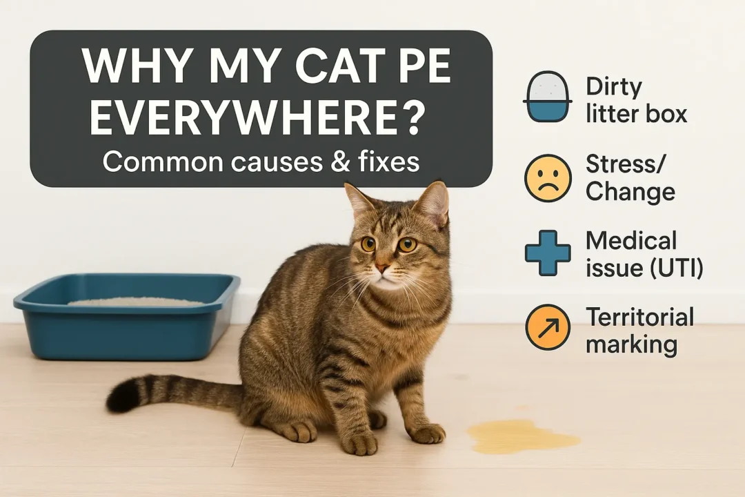 Urgent guide on inappropriate feline urination. Key causes: FLUTD/urinary blockage (medical emergency), stress, and litter box aversions.