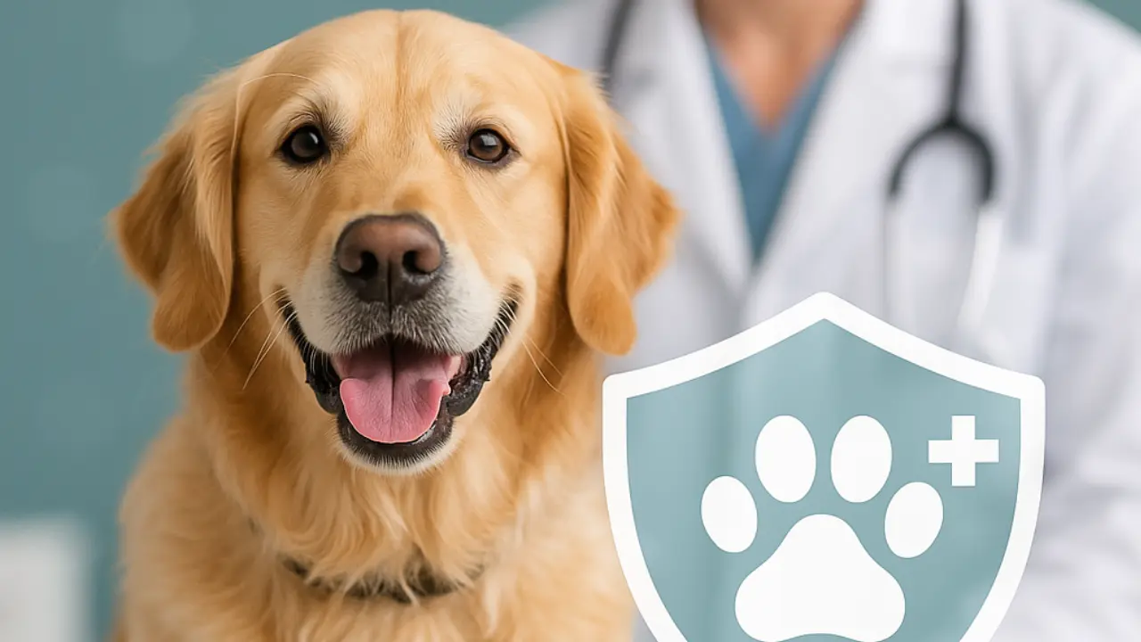 Happy senior dog at the vet with a shield-and-paw icon — lifetime pet insurance concept