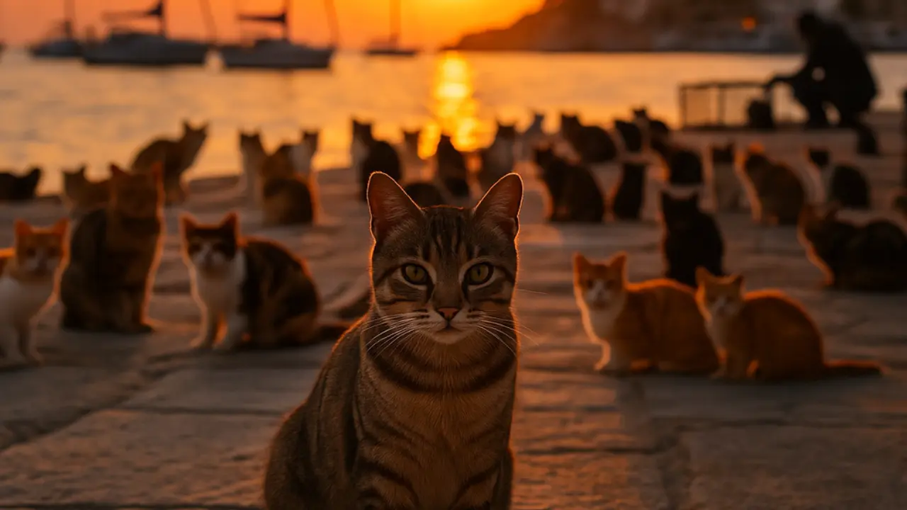 Cats lounging on a sunlit Cyprus pier at sunset, overlooking the Mediterranean harbor — symbolizing the island’s million-strong feline population.